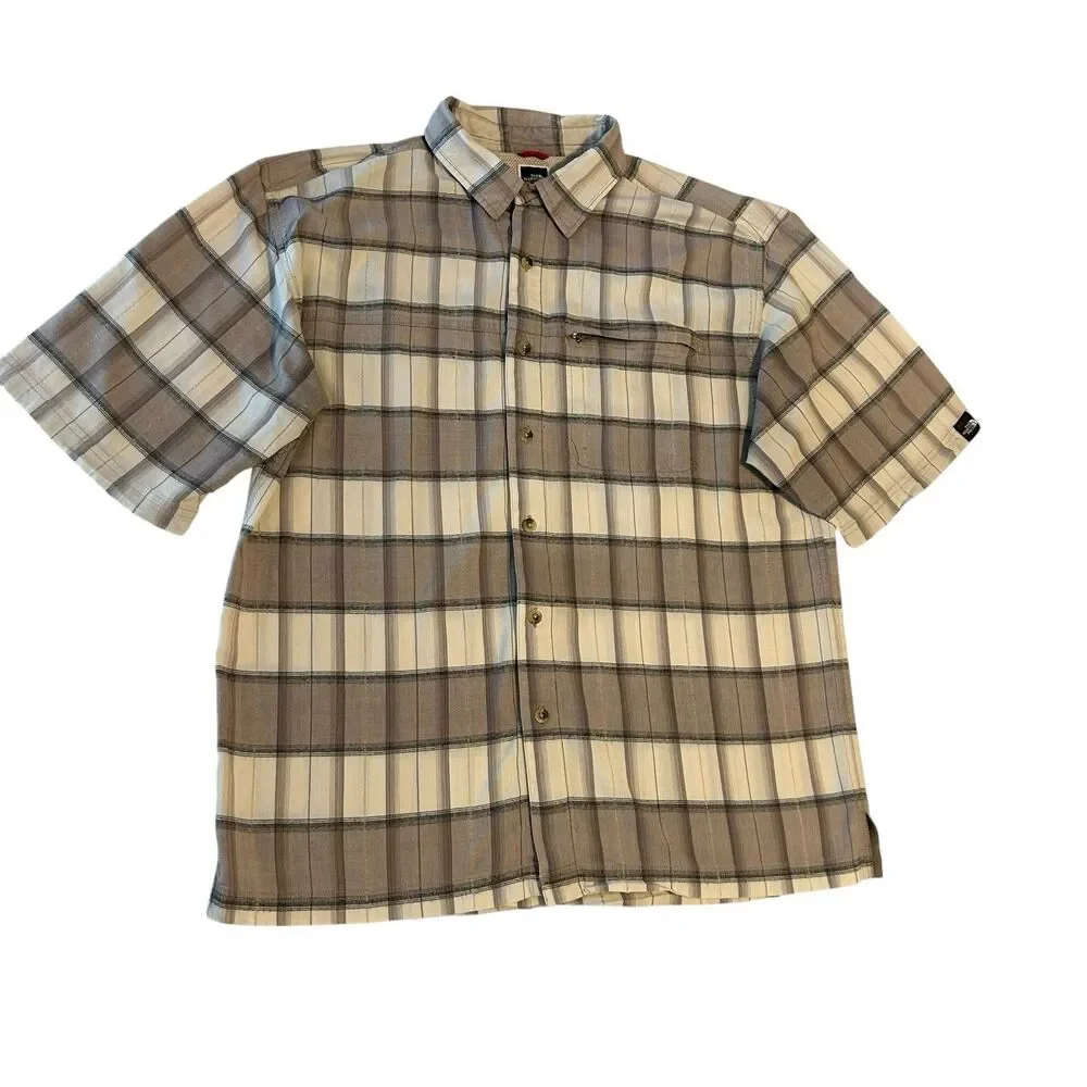North Face Button Up Shirt Men’s Size MED Short Sleeve Beige Cream Plaid Outdoor